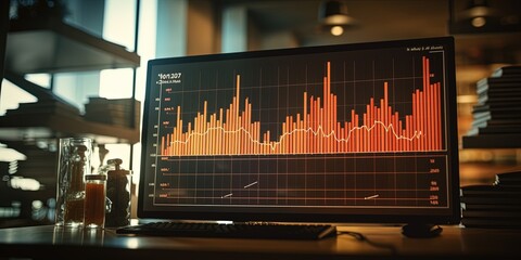A graph in a office environment background. Shallow depth of field. Numbers, statistical data