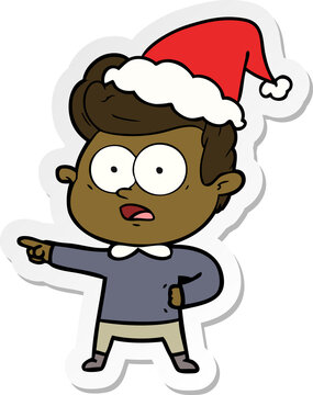 sticker cartoon of a staring man wearing santa hat