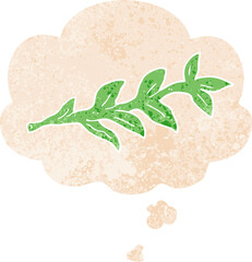 cartoon plant and thought bubble in retro textured style