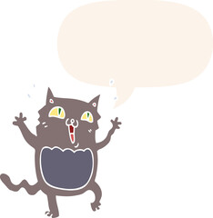 cartoon crazy excited cat and speech bubble in retro style
