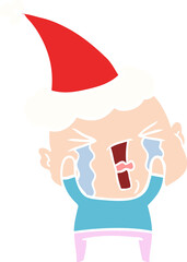 flat color illustration of a crying bald man wearing santa hat