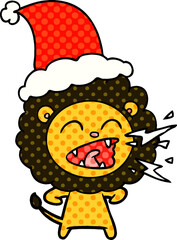 comic book style illustration of a roaring lion wearing santa hat