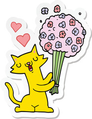sticker of a cartoon cat in love with flowers