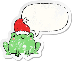 cute cartoon christmas frog and speech bubble distressed sticker