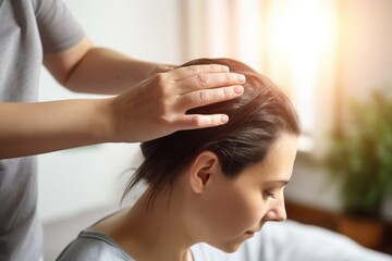 A trichologist examines the hair on the back of the head of a woman