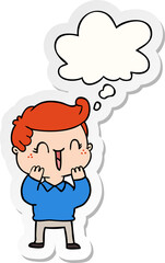 cartoon laughing boy and thought bubble as a printed sticker