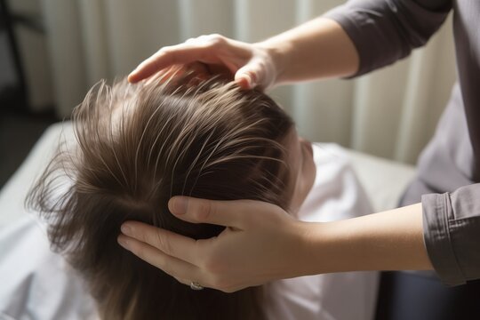 A trichologist examines the patient's hair on the crown of his head.