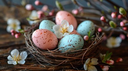 Fototapeta na wymiar Nest Filled With Eggs on Wooden Table