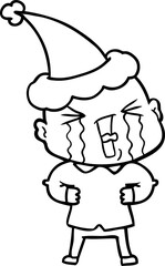 line drawing of a crying bald man wearing santa hat