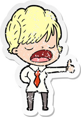 distressed sticker of a cartoon woman talking