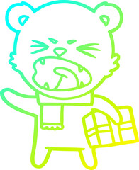 cold gradient line drawing angry cartoon polar bear with christmas present