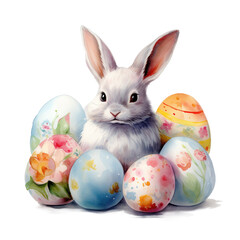 Watercolor Easter Bunny with Colorful Eggs