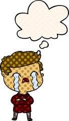 cartoon man crying and thought bubble in comic book style