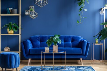 A blue couch sits in front of a glass coffee table with a potted plant on it