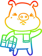rainbow gradient line drawing cartoon angry pig with christmas present