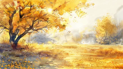 Tuinposter landscape in Yellow Ochre watercolor style  © Halim Karya Art