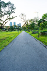 Green city park with sunset blue sky cloud pathway and beautiful trees track running  walking relax in park