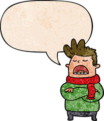 cartoon obnoxious man in winter clothes and speech bubble in retro texture style