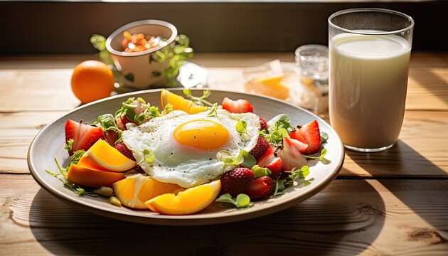 A plate filled with a variety of fresh fruits such as banana, berries, and oranges sits next to a glass of milk. The colorful and nutritious breakfast options are displayed neatly on a table