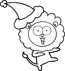 happy line drawing of a lion wearing santa hat