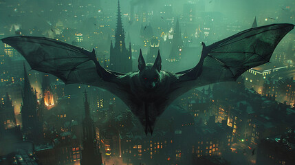 A bat as a night watchman patrolling the citys skies a guardian in the dark - obrazy, fototapety, plakaty