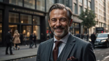 Fotobehang Elegante uomo di 50 anni che lavora nel distretto finanziario di Londra sorridente prima di iniziare la giornata di lavoro © Wabisabi