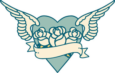 tattoo style icon of a heart with wings flowers and banner