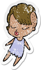 distressed sticker of a cartoon pretty hipster girl