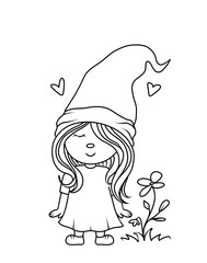 Line art gnome girl for Coloring pages, Spring Gnome, Simple drawing 