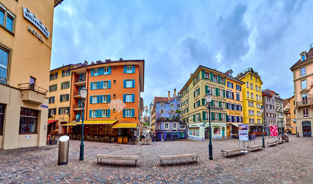 Panorama of scenic medieval houses on Hirschenplatz square, on April 3 in Zurich, Switzerland