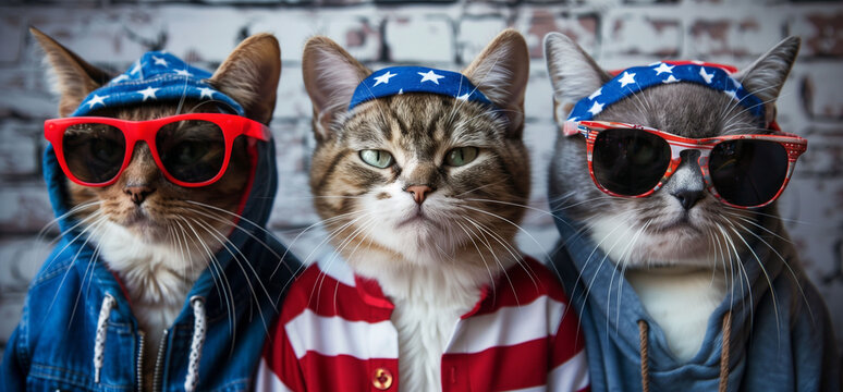 Three fashion-forward cats sporting American flag bandanas and sunglasses in front of a brick wall