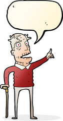cartoon old man with walking stick with speech bubble