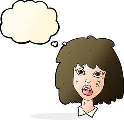 cartoon woman with bruised face with thought bubble