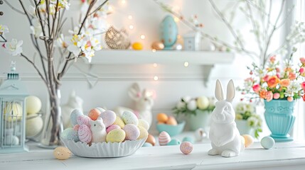 easter theme decor interior, white dominant with colorful eggs and bunnies  