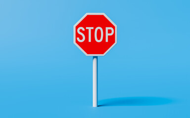 Stop sign standing on blue background. 3d rendering