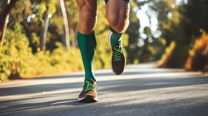 Man run in Green Compression Socks for Cardiovascular Wellness. Generative AI - obrazy, fototapety, plakaty