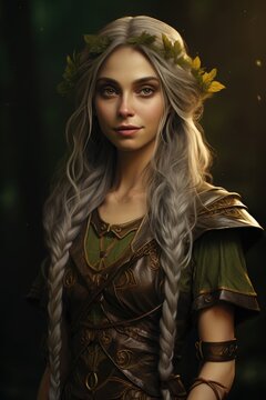 Portrait of a young woman pixie with long gray hair braided. Fantastic character