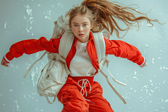 14-year-old athlete girl jumping with a shoe bag, in the style of a fashion advertisement, in full growth, photo in the studio, isolated on a Burgundy background