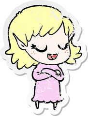 distressed sticker of a happy cartoon elf girl