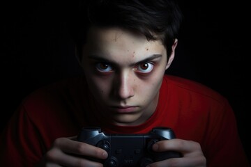 
Tense teenage boy firmly holding the game controller and looking closely at the screen. Gambling addiction concept
 - obrazy, fototapety, plakaty