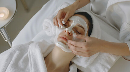 A woman lays on the coach for beauty procedures with closed eyes wearing white robe and another hands are putting cosmetologically mask on face