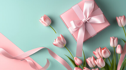Bouquet of Pink Tulips Next to Pink Gift Box