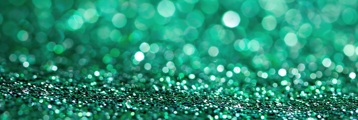 Abstract shiny green glitter background. Emerald green glitter wide horizontal background