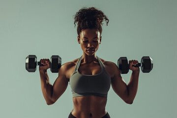 African American woman lifts dumbbells, young female athlete doing fitness workout, engaged in physical activity to improve health and fitness. Sportswoman do training, isolated over gray background