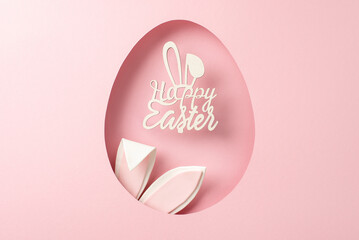 Easter-themed art showcasing playful bunny ears peeking through an egg-shaped cutout, adorned with a "Happy Easter" message on a soft pink backdrop, leaving space for personalized messages or ads