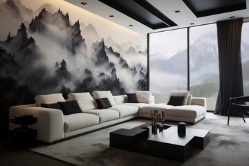 Living room interior with panoramic windows and an image of mountains on the wall, Black and white color scheme - obrazy, fototapety, plakaty