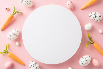 Easter inspiration setup: Top-view photo showcasing minimalist dyed eggs, mock carrots for the...