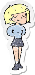 retro distressed sticker of a cartoon pleased woman