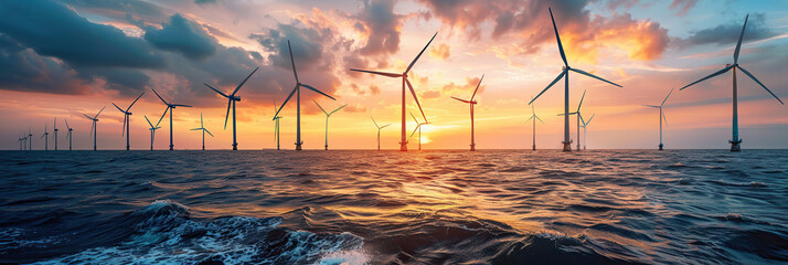 An offshore wind farm with turbines in the ocean, Gentle waves at the bases and a serene sunset background - obrazy, fototapety, plakaty