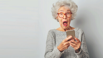 Banner cute surprised fun old woman pension at home in on a plain background with a smartphone in her hands looking at smartphone